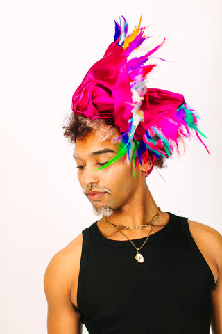 Fuchsia Lame With Rainbow Short Feathers