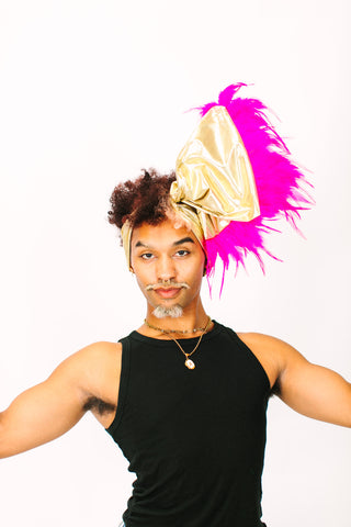 Gold Lame With Pink Short Feathers