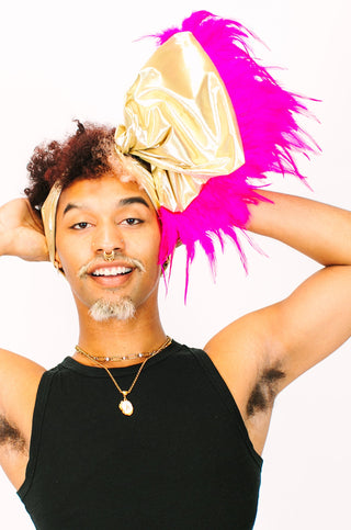 Gold Lame With Pink Short Feathers