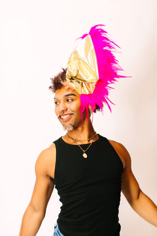 Gold Lame With Pink Short Feathers