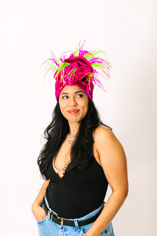 Fuchsia Lame With Pink & Green Ostrich Feathers