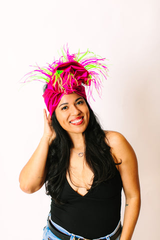 Fuchsia Lame With Pink & Green Ostrich Feathers