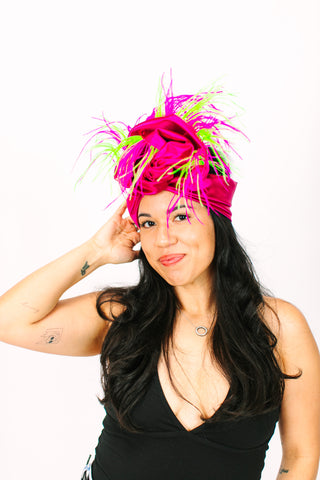 Fuchsia Lame With Pink & Green Ostrich Feathers