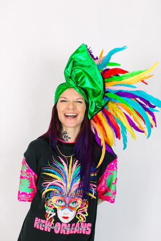 Green Lame With Rainbow Long Feathers