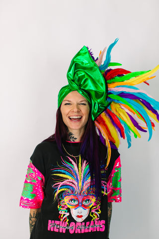 Green Lame With Rainbow Long Feathers