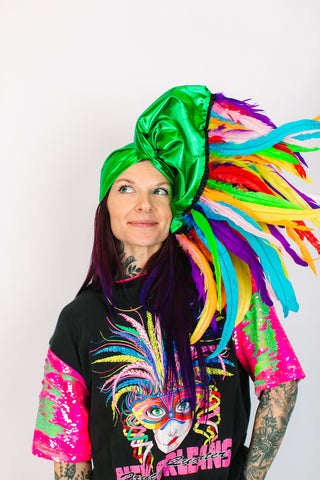 Green Lame With Rainbow Long Feathers