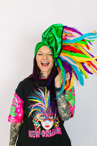 Green Lame With Rainbow Long Feathers