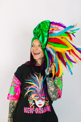 Green Lame With Rainbow Long Feathers