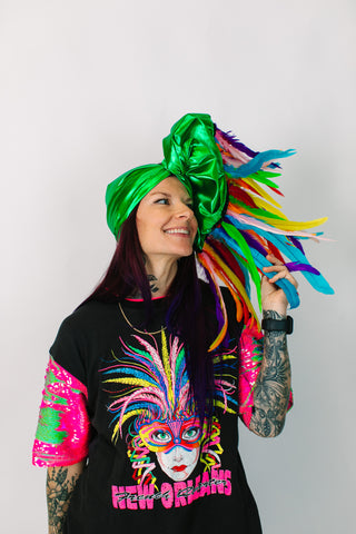 Green Lame With Rainbow Long Feathers