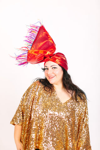 Red Lame With Rainbow Ostrich Feathers