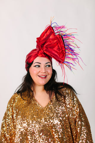 Red Lame With Rainbow Ostrich Feathers