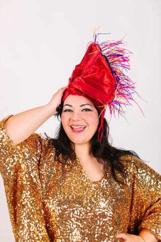 Red Lame With Rainbow Ostrich Feathers