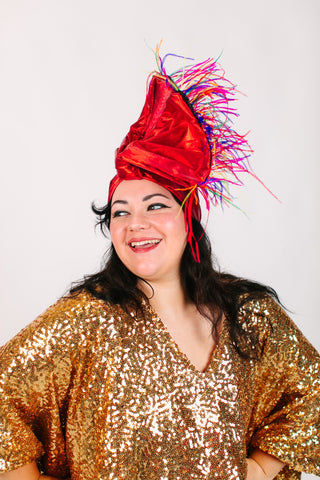 Red Lame With Rainbow Ostrich Feathers