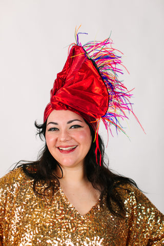 Red Lame With Rainbow Ostrich Feathers