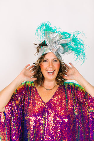 Silver Lame With Teal Ostrich Feathers