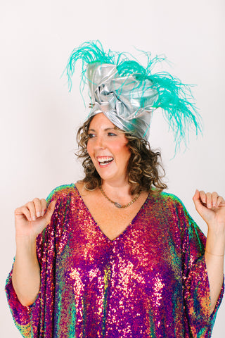 Silver Lame With Teal Ostrich Feathers