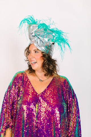 Silver Lame With Teal Ostrich Feathers