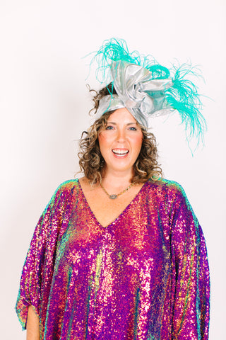 Silver Lame With Teal Ostrich Feathers