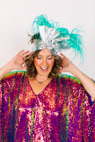 Silver Lame With Teal Ostrich Feathers