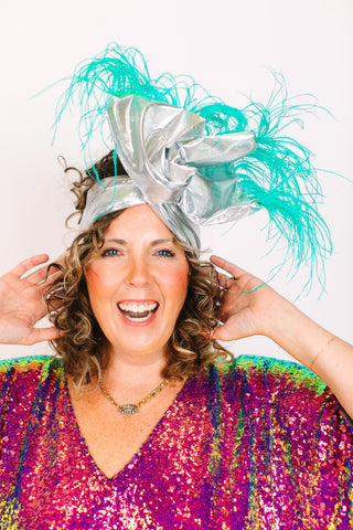 Silver Lame With Teal Ostrich Feathers