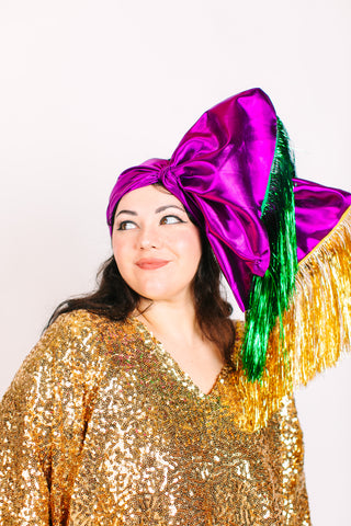 Purple Lame With Green & Gold Tinsel Party Wrap