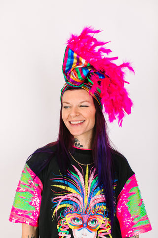 Rainbow Metallic With Pink Short Feathers