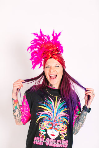 Red Lame With Pink Short Feathers