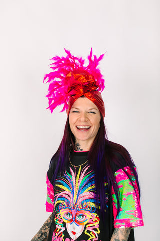 Red Lame With Pink Short Feathers