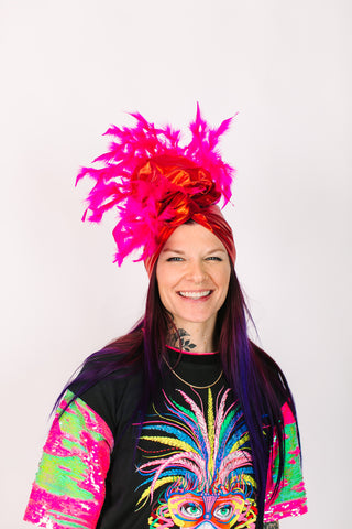 Red Lame With Pink Short Feathers