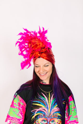 Red Lame With Pink Short Feathers