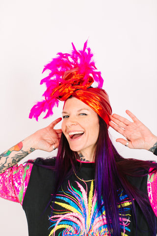 Red Lame With Pink Short Feathers