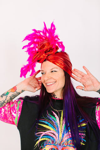 Red Lame With Pink Short Feathers