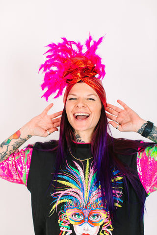 Red Lame With Pink Short Feathers