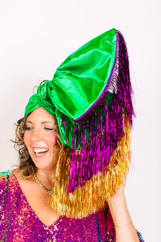 Green Lame With Purple & Gold Tinsel Party Wrap