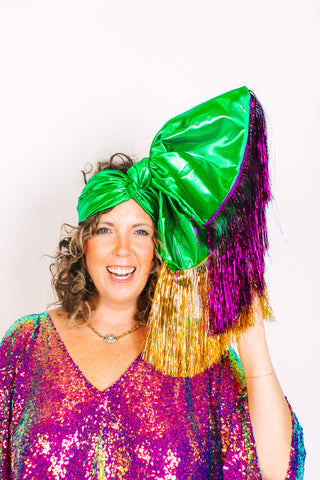 Green Lame With Purple & Gold Tinsel Party Wrap