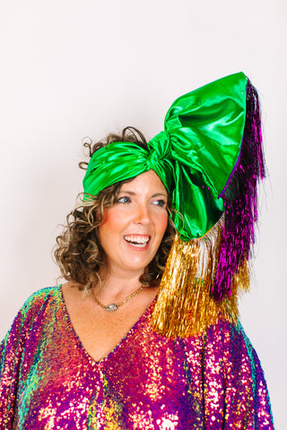 Green Lame With Purple & Gold Tinsel Party Wrap