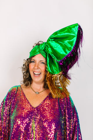 Green Lame With Purple & Gold Tinsel Party Wrap