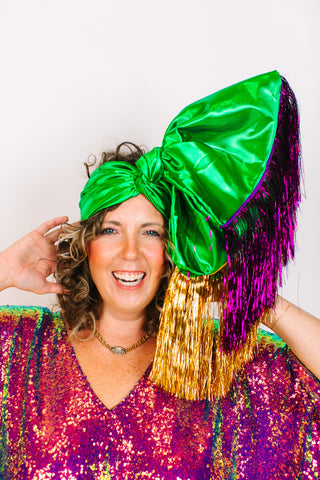 Green Lame With Purple & Gold Tinsel Party Wrap