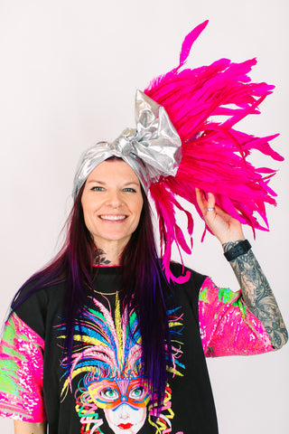 Silver Lame With Pink Long Feathers