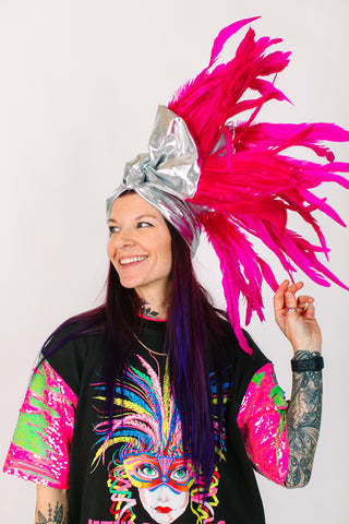 Silver Lame With Pink Long Feathers