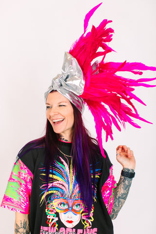 Silver Lame With Pink Long Feathers