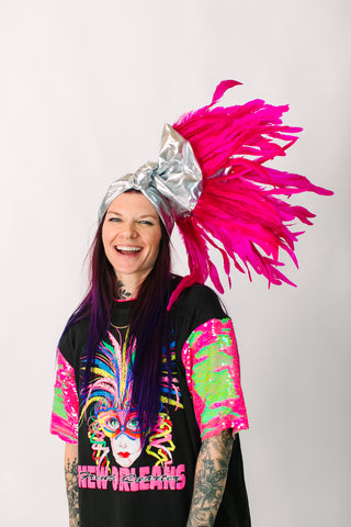 Silver Lame With Pink Long Feathers