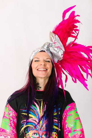 Silver Lame With Pink Long Feathers