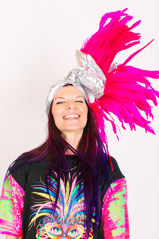 Silver Lame With Pink Long Feathers