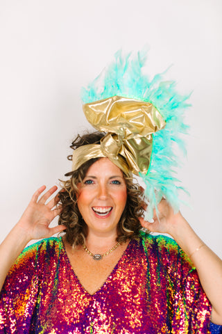 Gold Lame With Light Blue Feathers