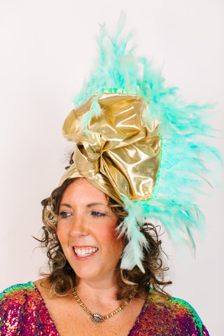 Gold Lame With Light Blue Feathers