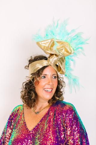 Gold Lame With Light Blue Feathers