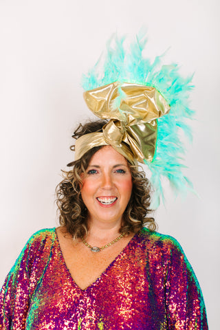 Gold Lame With Light Blue Feathers