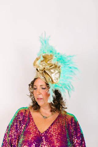 Gold Lame With Light Blue Feathers