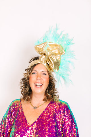 Gold Lame With Light Blue Feathers